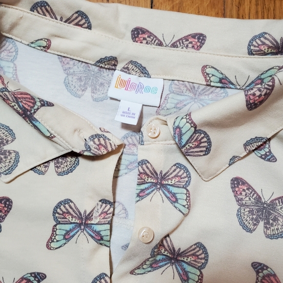 LuLaRoe Collared Button Up Long Sleeve Top With Butterflies - Picture 4 of 12